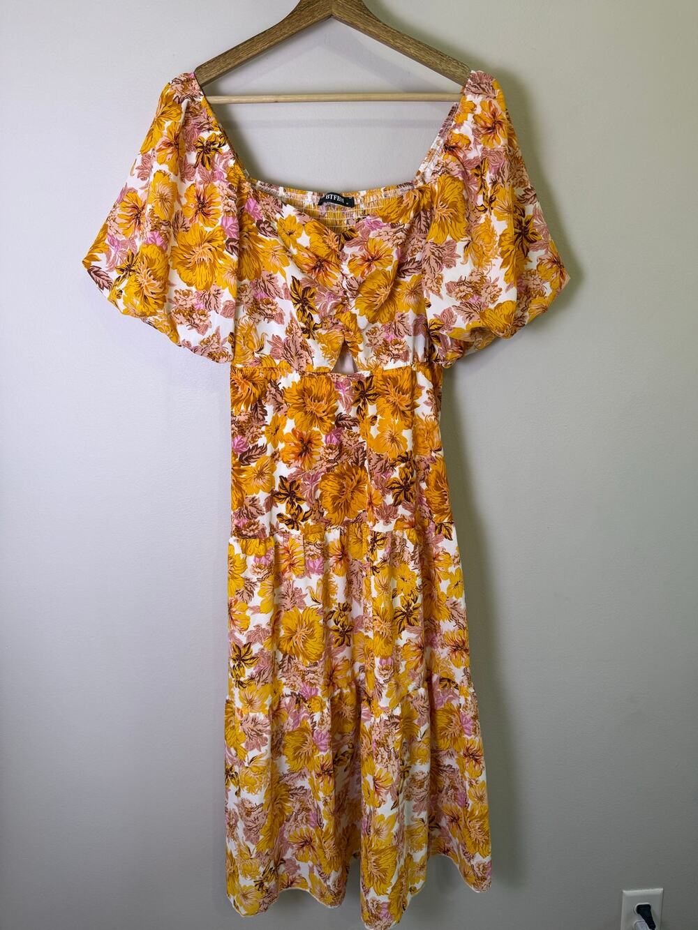 BTFBM M Floral Cutout Midi Dress Puff Sleeve Cottagecore Boho Yellow Pink